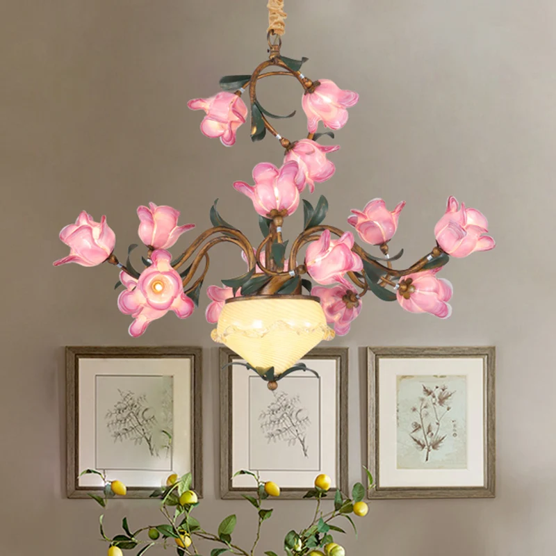 Lustre suspendu à 15 lumières, lampe à Suspension LED en métal à fleurs américaines en laiton pour chambre à coucher Clear...