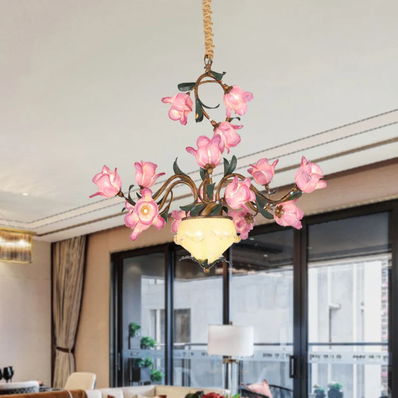 Lustre suspendu à 15 lumières, lampe à Suspension LED en métal à fleurs américaines en laiton pour chambre à coucher Clear...