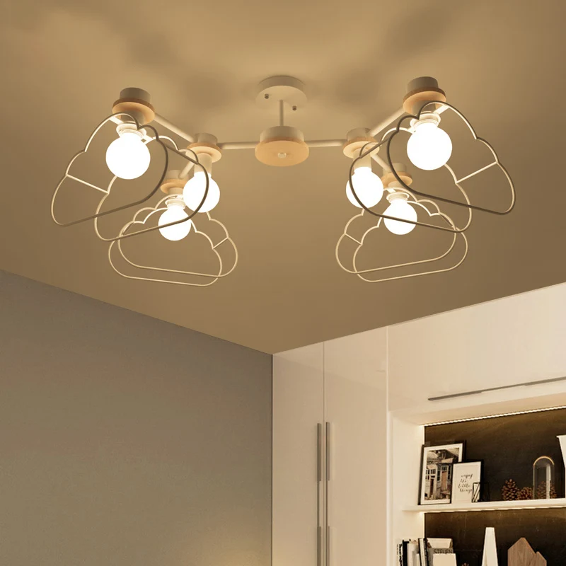 Lustre suspendu à 6 lumières pour chambre à coucher, lampe à suspension blanche de dessin animé avec Cage en fer nuage/éto...