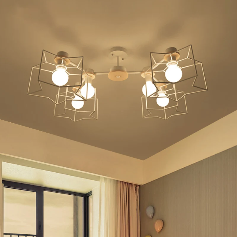 Lustre suspendu à 6 lumières pour chambre à coucher, lampe à suspension blanche de dessin animé avec Cage en fer nuage/éto...