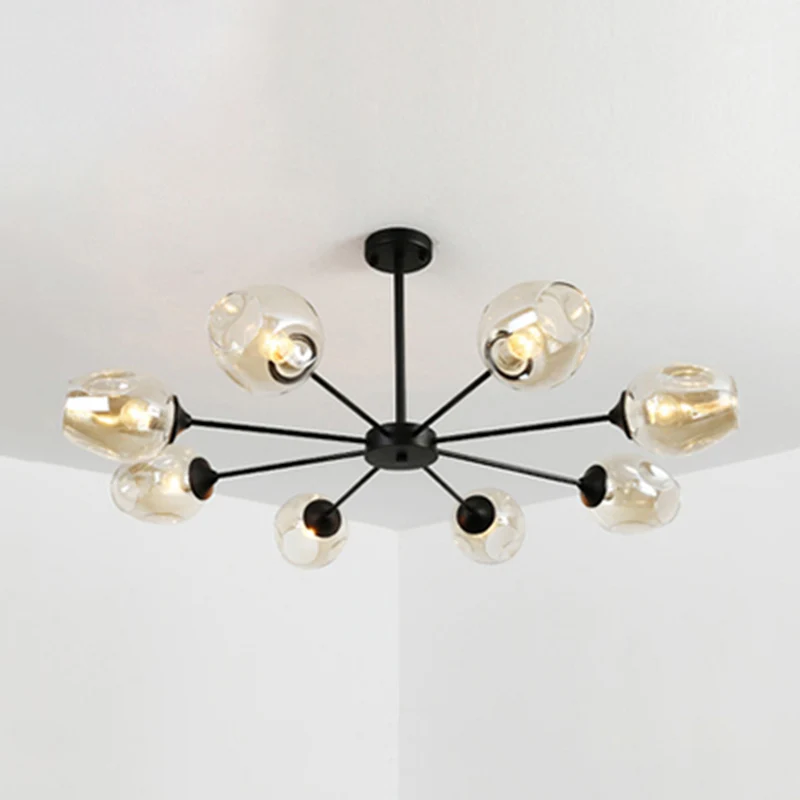 Lustre suspendu moderniste à 3/6/8 lumières, noir/chrome, suspension Spoutnik avec abat-jour en verre bleu/ambre Clearhalo