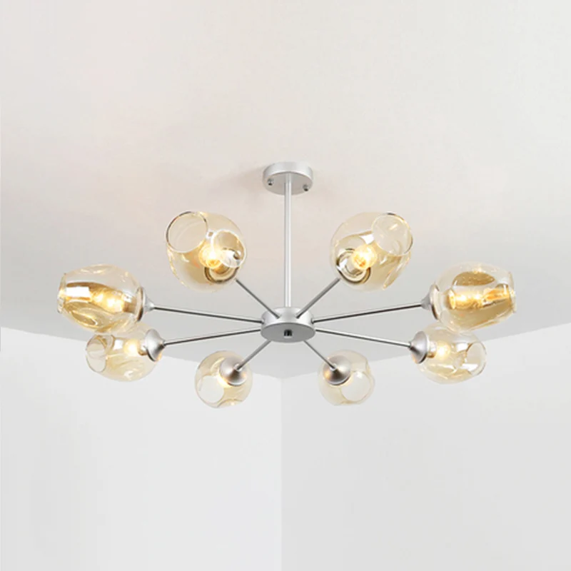 Lustre suspendu moderniste à 3/6/8 lumières, noir/chrome, suspension Spoutnik avec abat-jour en verre bleu/ambre Clearhalo