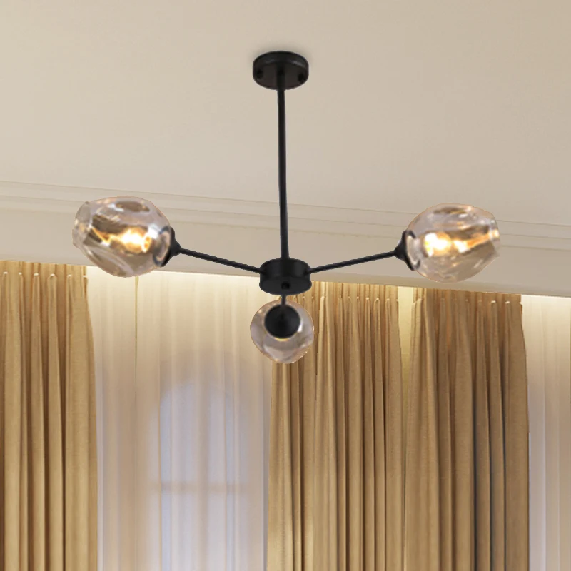 Lustre suspendu moderniste à 3/6/8 lumières, noir/chrome, suspension Spoutnik avec abat-jour en verre bleu/ambre Clearhalo