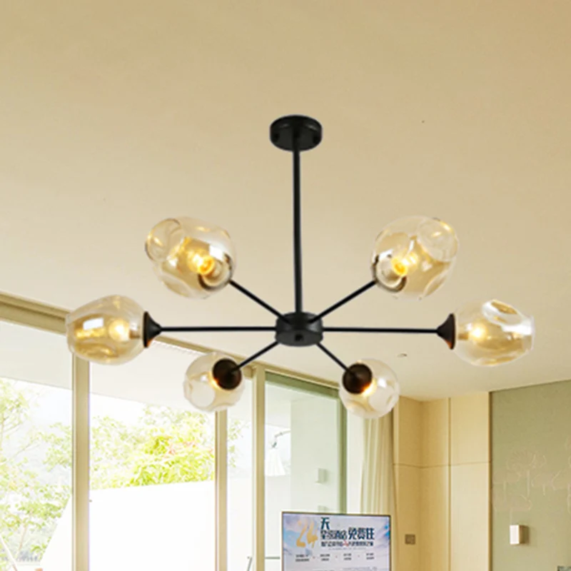 Lustre suspendu moderniste à 3/6/8 lumières, noir/chrome, suspension Spoutnik avec abat-jour en verre bleu/ambre Clearhalo