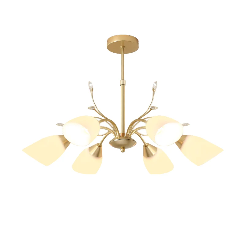 Lustre suspendu moderniste à 3/6 ampoules, plafonnier évasé doré avec abat-jour en verre blanc Clearhalo