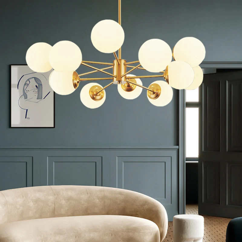 Lustre suspendu en métal Post-moderne, abat-jour en verre opale, lustre de plafond en or pour chambre à coucher Clearhalo