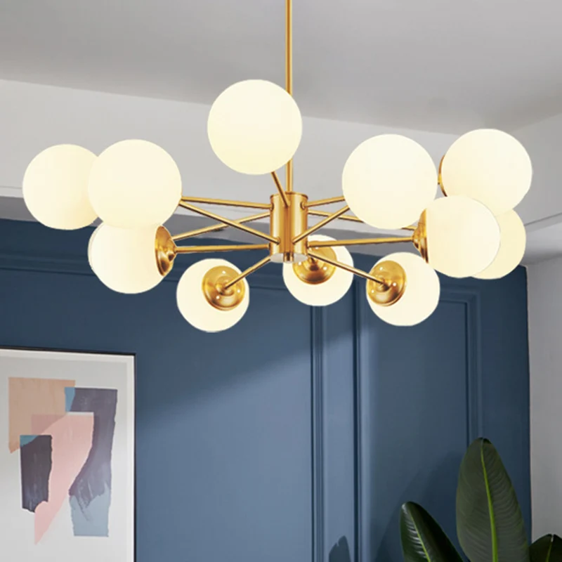 Lustre suspendu en métal Post-moderne, abat-jour en verre opale, lustre de plafond en or pour chambre à coucher Clearhalo