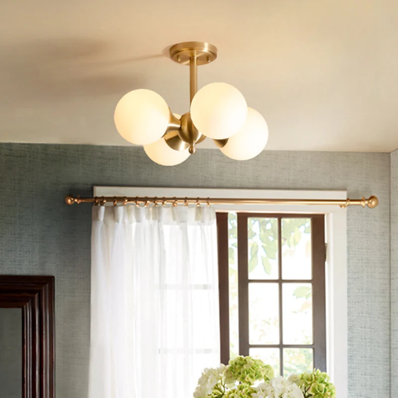 Lustre suspendu en métal Post-moderne, abat-jour en verre opale, lustre de plafond à 4 lumières en or pour chambre à couch...