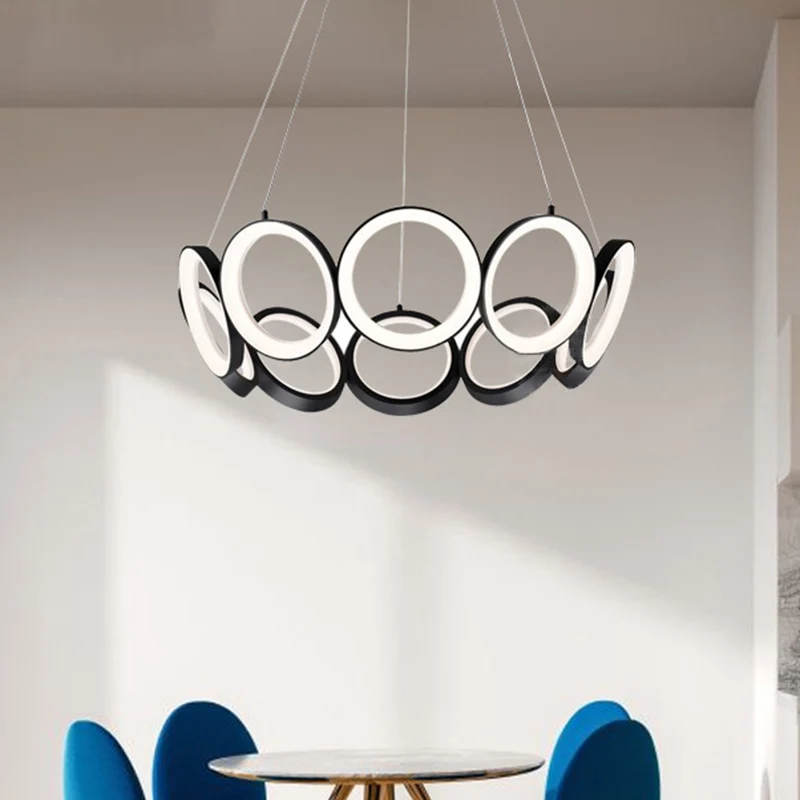 Lustre suspendu multi-anneaux contemporain en acrylique, noir/or, LED, luminaire décoratif de plafond, lumière blanche/cha...
