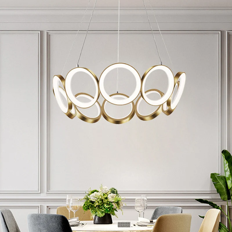 Lustre suspendu multi-anneaux contemporain en acrylique, noir/or, LED, luminaire décoratif de plafond, lumière blanche/cha...