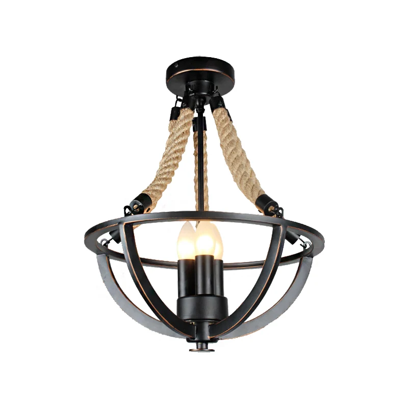 Lustre suspendu noir à 3 lumières, luminaire industriel en métal et corde, bougie suspendue pour le salon Clearhalo