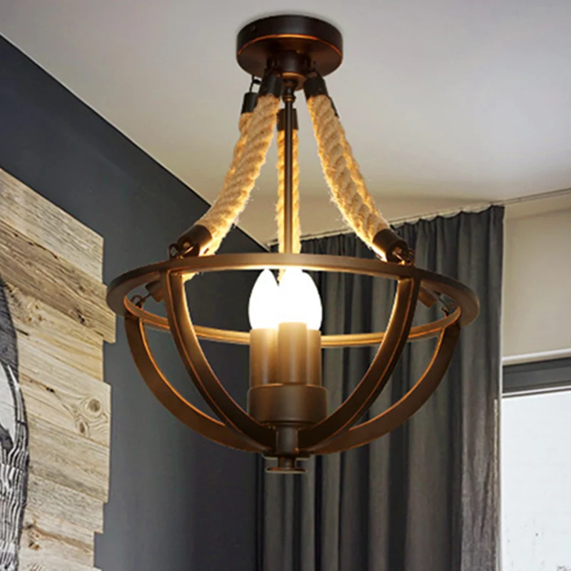 Lustre suspendu noir à 3 lumières, luminaire industriel en métal et corde, bougie suspendue pour le salon Clearhalo