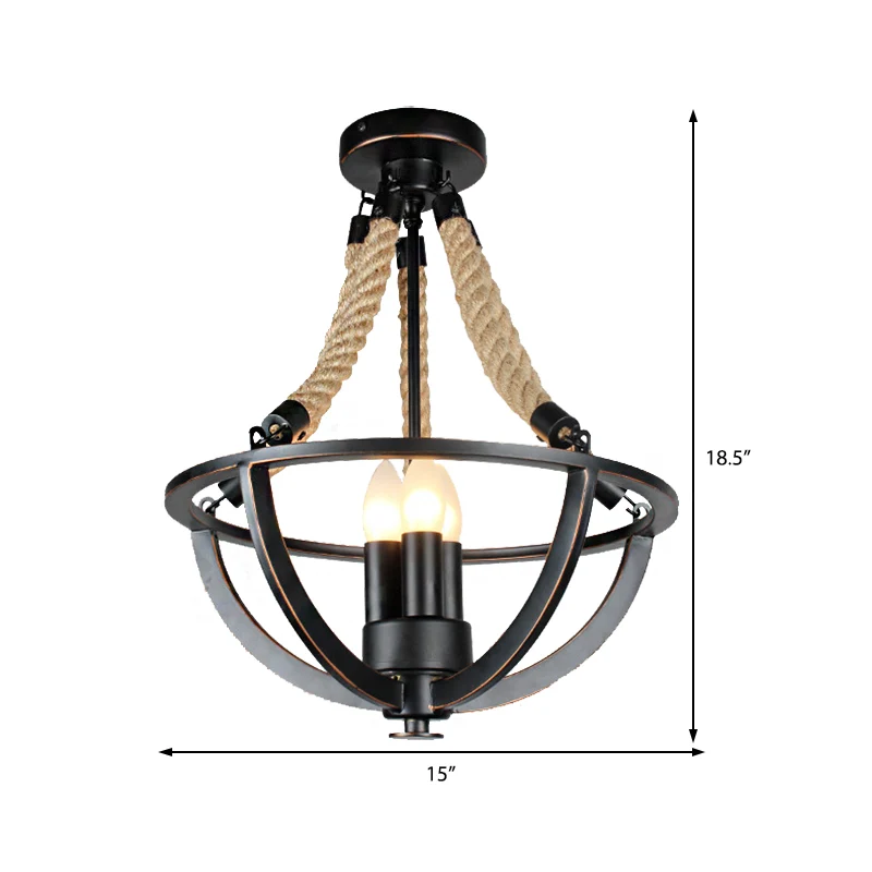 Lustre suspendu noir à 3 lumières, luminaire industriel en métal et corde, bougie suspendue pour le salon Clearhalo
