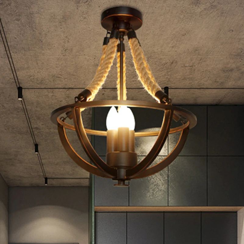 Lustre suspendu noir à 3 lumières, luminaire industriel en métal et corde, bougie suspendue pour le salon Clearhalo