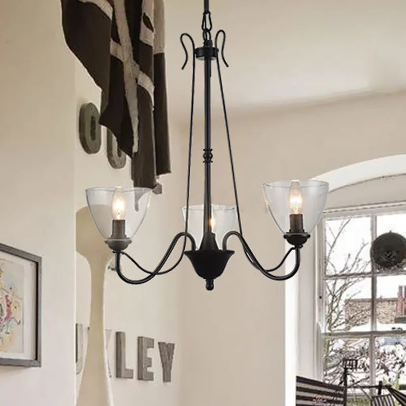 Lustre suspendu noir à 3/5 lumières, lustre traditionnel en verre transparent avec abat-jour conique Clearhalo