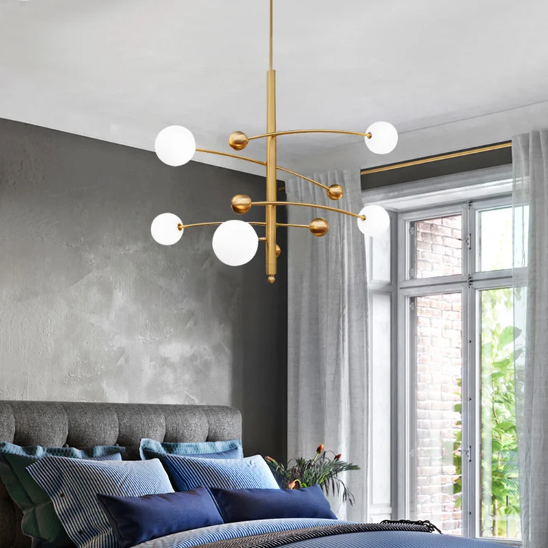 Lustre suspendu post-moderne, abat-jour en verre opale, lustre de plafond à 5 lumières en or pour chambre à coucher Clearhalo