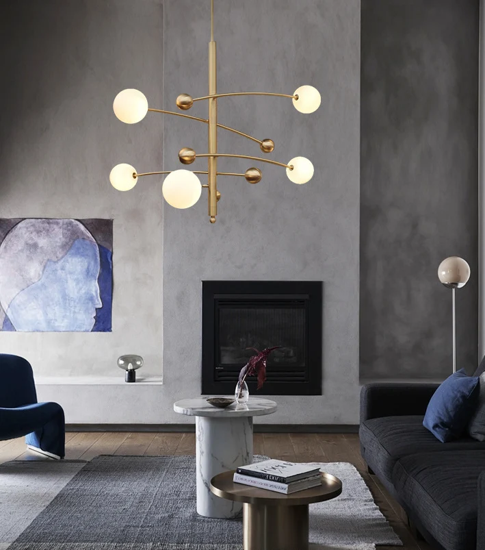 Lustre suspendu post-moderne, abat-jour en verre opale, lustre de plafond à 5 lumières en or pour chambre à coucher Clearhalo