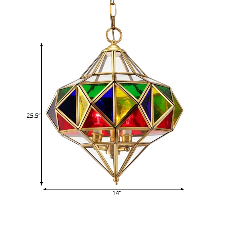 Lustre suspendu à prisme antique, plafonnier suspendu à 3 têtes en verre coloré en laiton Clearhalo