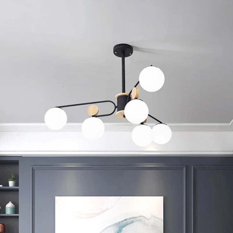 Lustre suspendu rond en verre de lait, modernisme, 6/8 têtes, plafonnier suspendu en noir Clearhalo