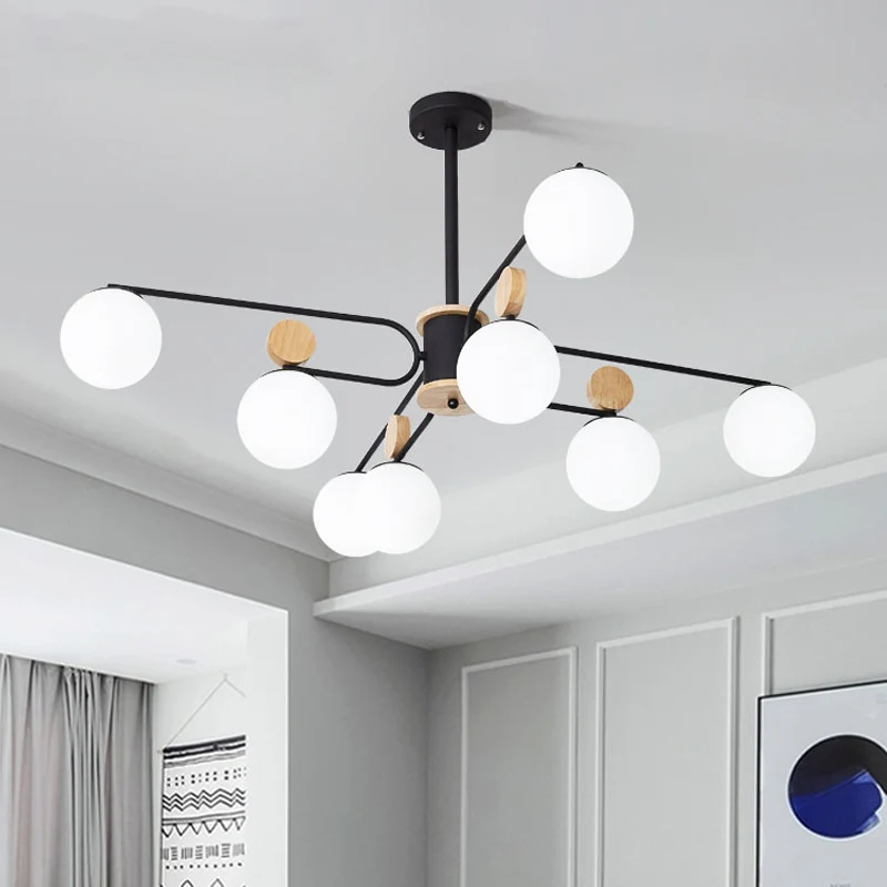 Lustre suspendu rond en verre de lait, modernisme, 6/8 têtes, plafonnier suspendu en noir Clearhalo