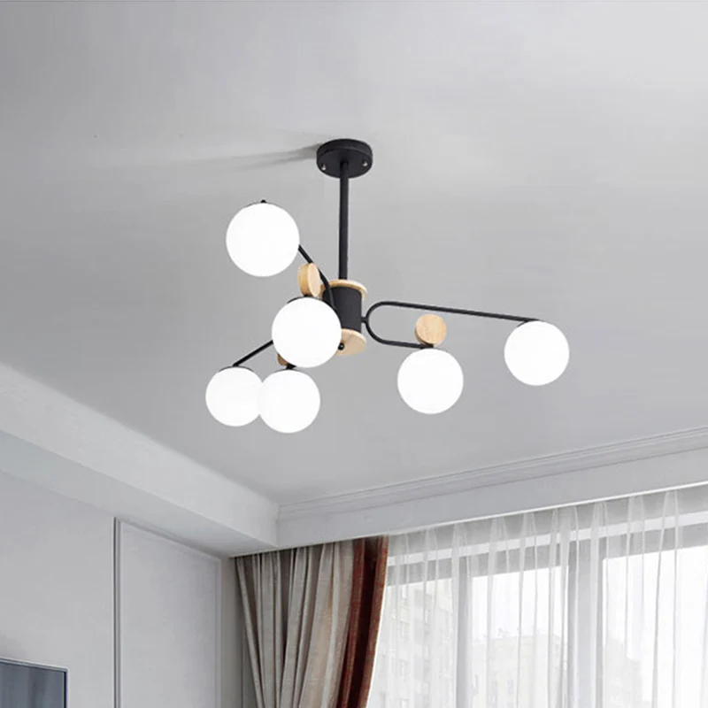 Lustre suspendu rond en verre de lait, modernisme, 6/8 têtes, plafonnier suspendu en noir Clearhalo