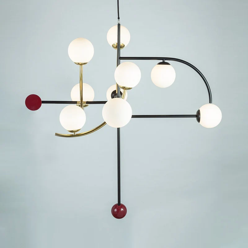 Lustre suspendu sphérique moderne et élégant en verre dépoli, luminaire suspendu à 9 ampoules pour salon avec bras noir et...