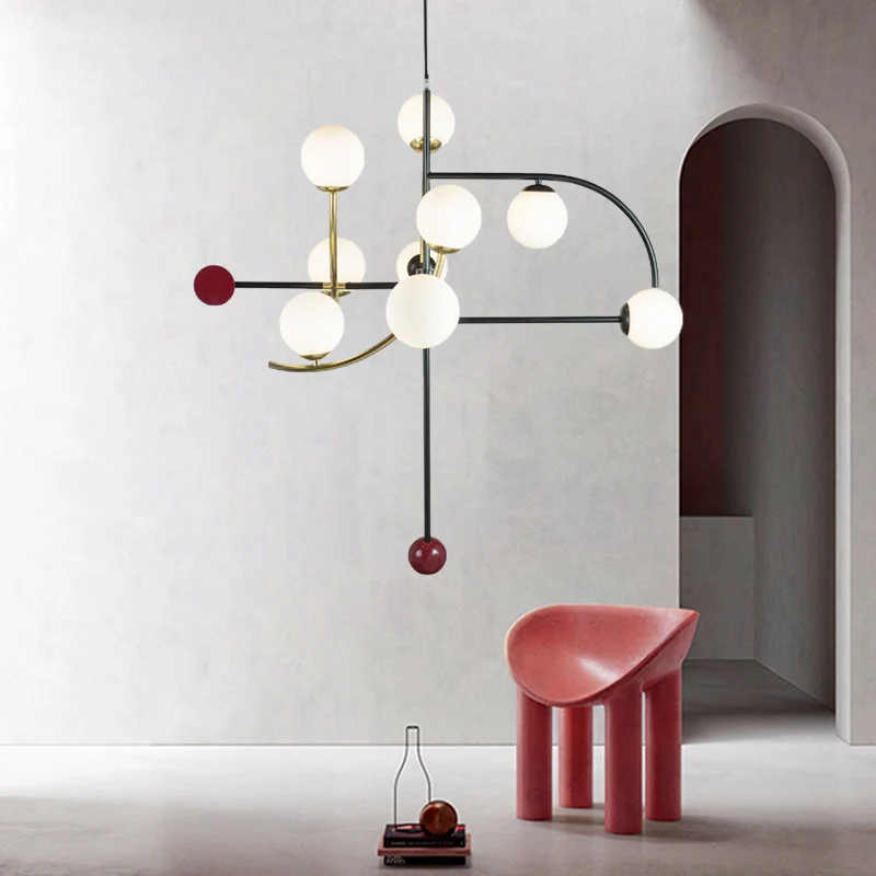 Lustre suspendu sphérique moderne et élégant en verre dépoli, luminaire suspendu à 9 ampoules pour salon avec bras noir et...