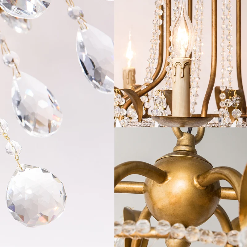 Lustre suspendu Spur en métal traditionnel, 6 ampoules, plafonnier suspendu doré avec goutte de cristal Clearhalo