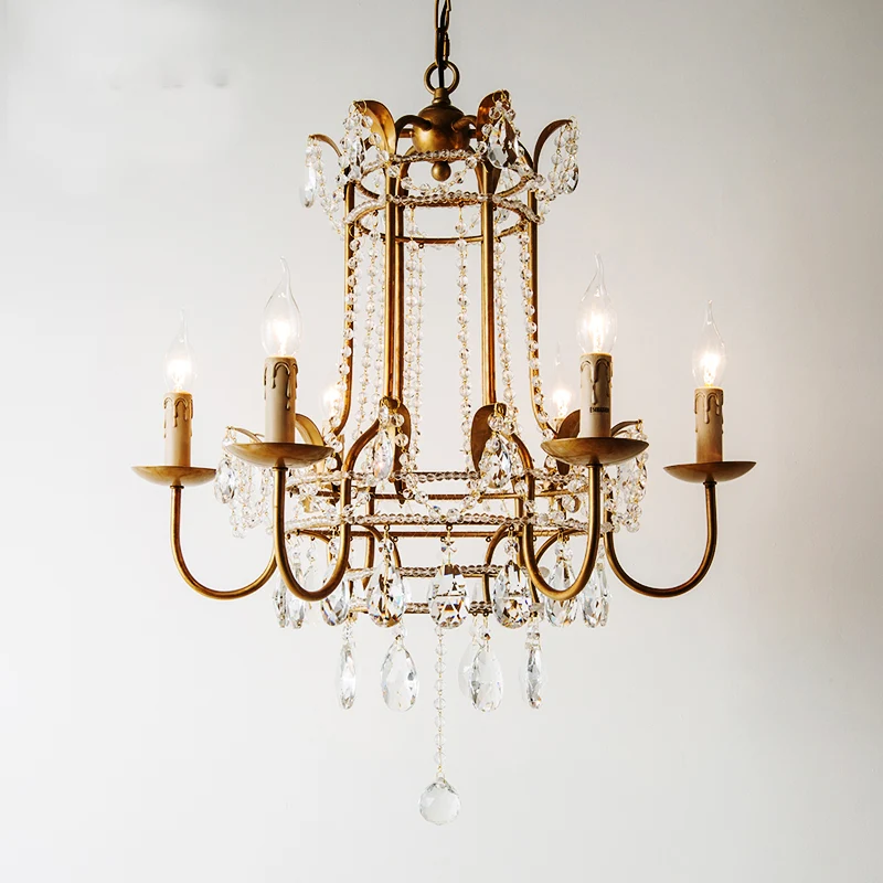 Lustre suspendu Spur en métal traditionnel, 6 ampoules, plafonnier suspendu doré avec goutte de cristal Clearhalo