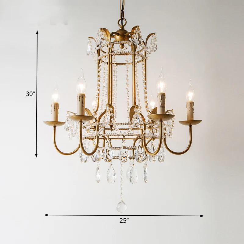 Lustre suspendu Spur en métal traditionnel, 6 ampoules, plafonnier suspendu doré avec goutte de cristal Clearhalo