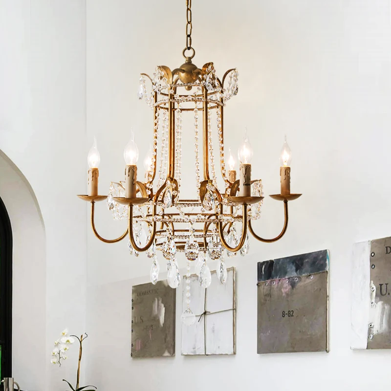 Lustre suspendu Spur en métal traditionnel, 6 ampoules, plafonnier suspendu doré avec goutte de cristal Clearhalo