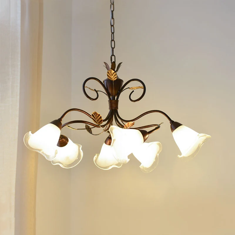 Lustre suspendu à 6 têtes pour chambre à coucher, plafonnier contemporain rouge et marron avec abat-jour en verre dépoli e...