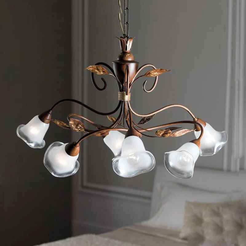 Lustre suspendu à 6 têtes pour chambre à coucher, plafonnier contemporain rouge et marron avec abat-jour en verre dépoli e...