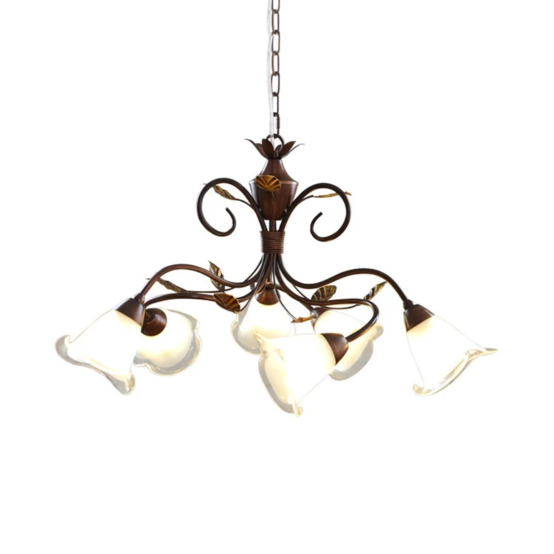 Lustre suspendu à 6 têtes pour chambre à coucher, plafonnier contemporain rouge et marron avec abat-jour en verre dépoli e...