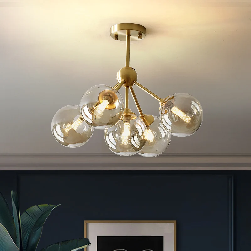 Lustre suspendu à 5 têtes pour salle à manger, Kit de lumière suspendue en laiton moderne avec abat-jour en verre ambré or...