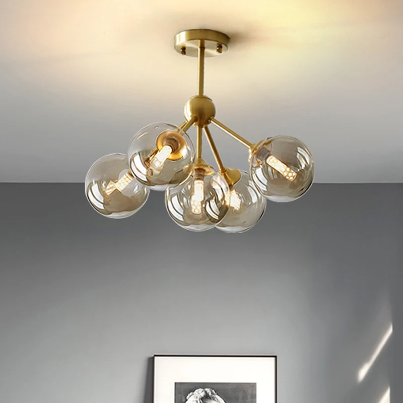 Lustre suspendu à 5 têtes pour salle à manger, Kit de lumière suspendue en laiton moderne avec abat-jour en verre ambré or...