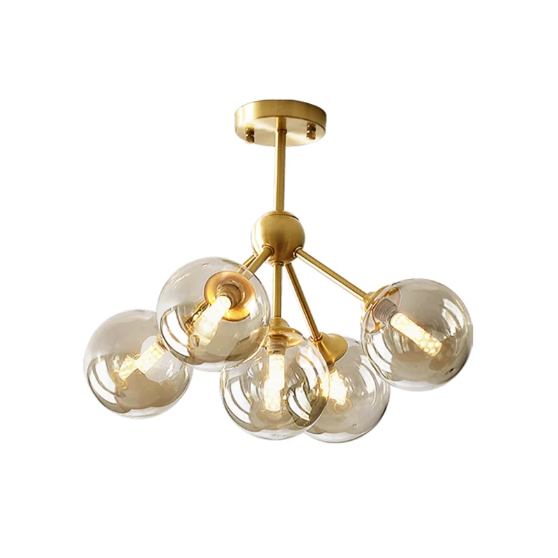 Lustre suspendu à 5 têtes pour salle à manger, Kit de lumière suspendue en laiton moderne avec abat-jour en verre ambré or...