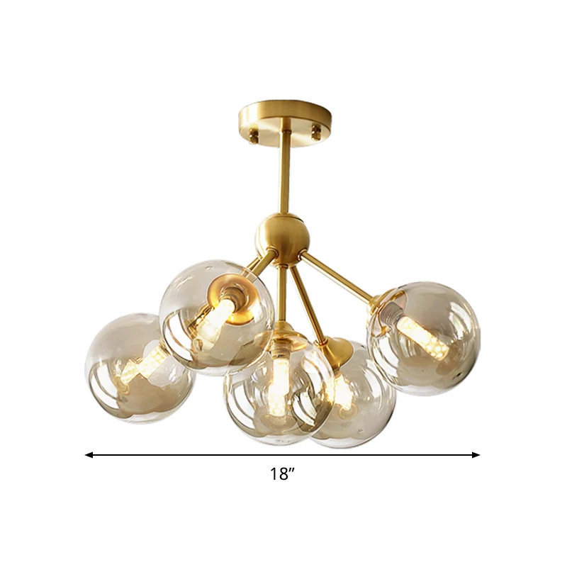 Lustre suspendu à 5 têtes pour salle à manger, Kit de lumière suspendue en laiton moderne avec abat-jour en verre ambré or...