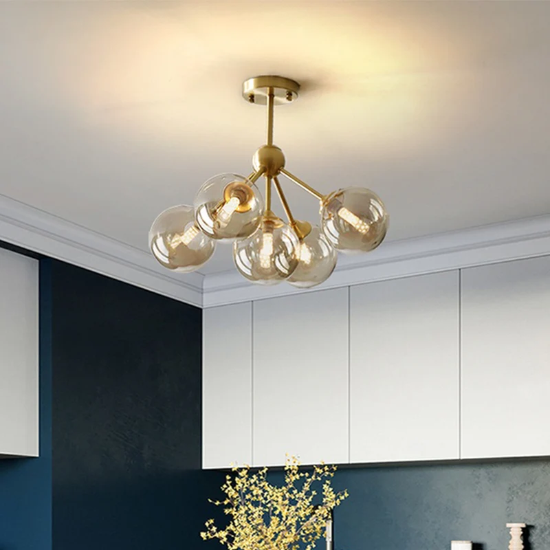 Lustre suspendu à 5 têtes pour salle à manger, Kit de lumière suspendue en laiton moderne avec abat-jour en verre ambré or...