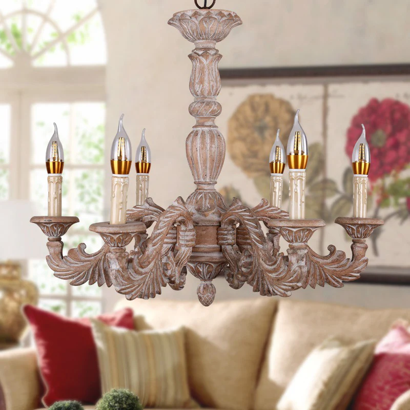 Lustre suspendu à 6 têtes pour salon, plafonnier traditionnel marron avec abat-jour en bois de branche Clearhalo