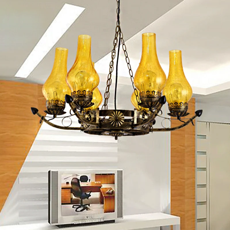 Lustre suspendu en verre craquelé à 6 lumières, Vase Beige traditionnel, luminaire suspendu pour salon Clearhalo