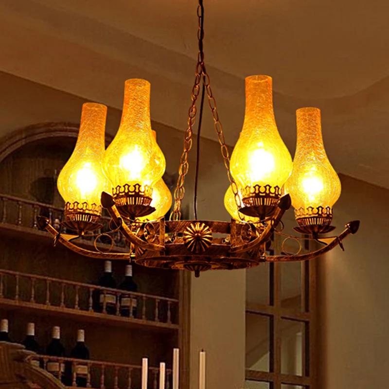 Lustre suspendu en verre craquelé à 6 lumières, Vase Beige traditionnel, luminaire suspendu pour salon Clearhalo
