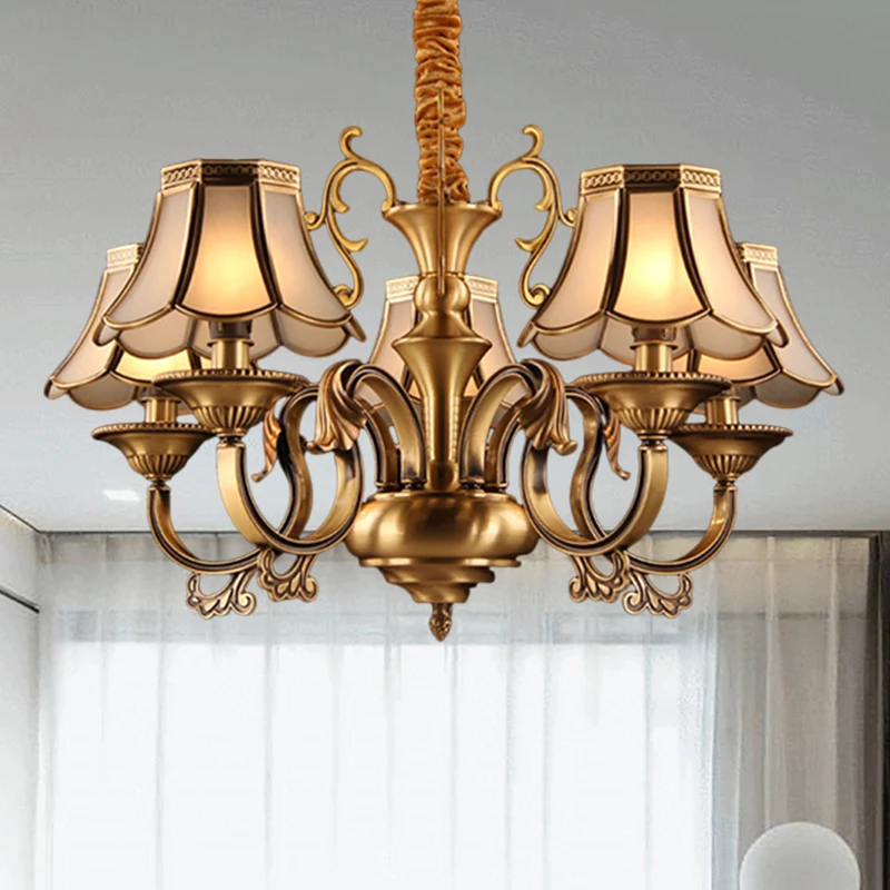 Lustre suspendu en verre givré doré, festonné, 3/5/6 ampoules, luminaire suspendu colonial avec Design radial Clearhalo