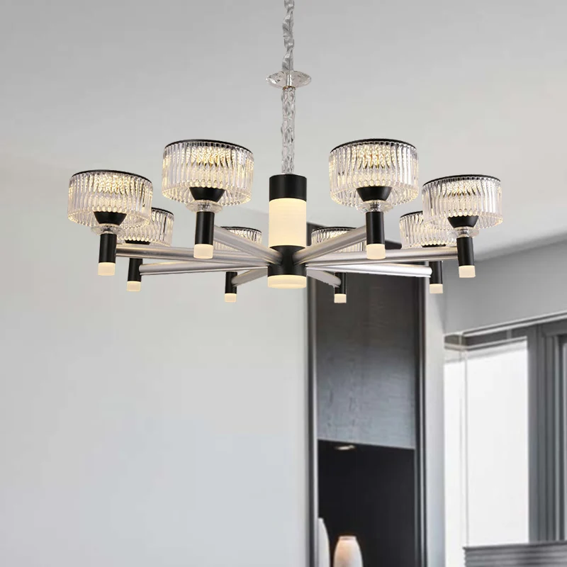 Lustre tambour lampe contemporaine biseauté cristal noir 6/8/12 têtes luminaire suspendu Clearhalo