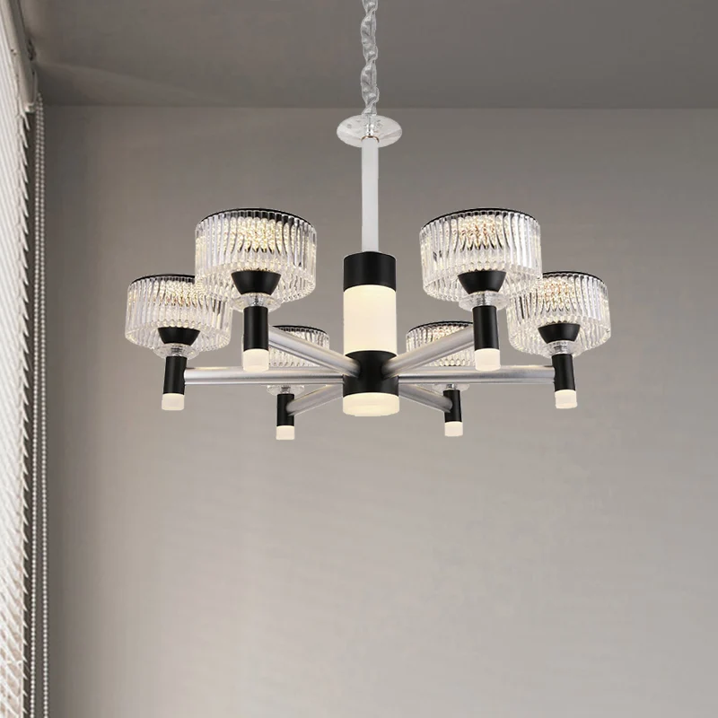 Lustre tambour lampe contemporaine biseauté cristal noir 6/8/12 têtes luminaire suspendu Clearhalo