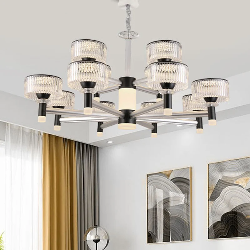 Lustre tambour lampe contemporaine biseauté cristal noir 6/8/12 têtes luminaire suspendu Clearhalo