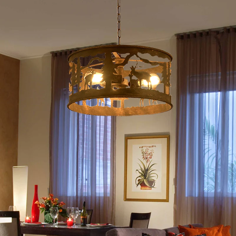 Lustre à tambour à 3 lumières, luminaire suspendu Vintage en métal rouillé pour salon avec auvent rond Clearhalo