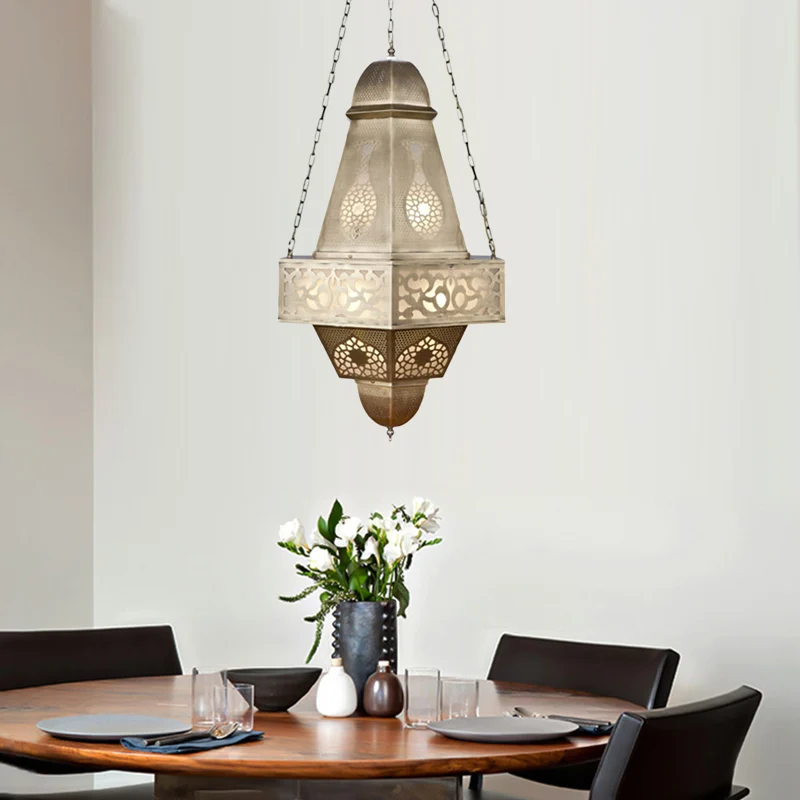 Lustre tour à 6 têtes, éclairage de plafond métallique, finition en laiton arabe, lampe de plafond suspendue avec chaîne C...