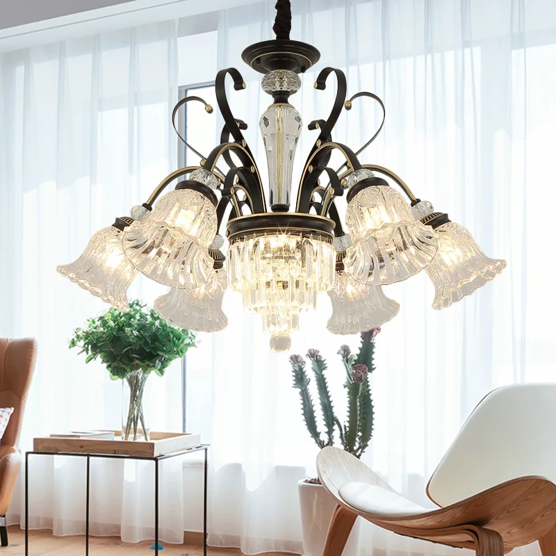 Lustre traditionnel à 6 lumières, luminaire suspendu à motif floral et ombrage en cristal transparent, noir Clearhalo
