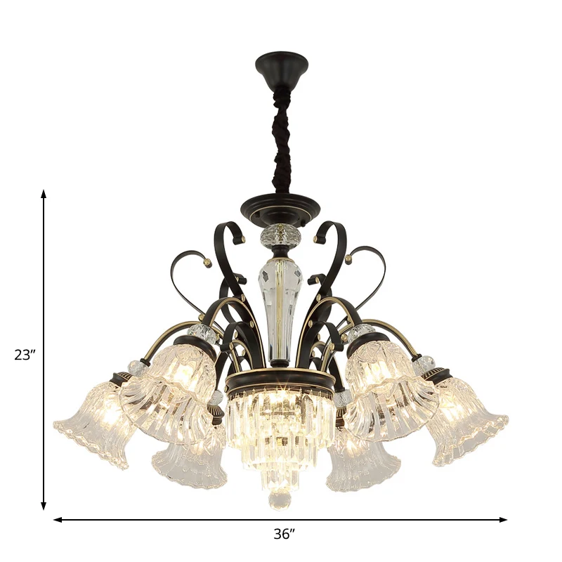 Lustre traditionnel à 6 lumières, luminaire suspendu à motif floral et ombrage en cristal transparent, noir Clearhalo